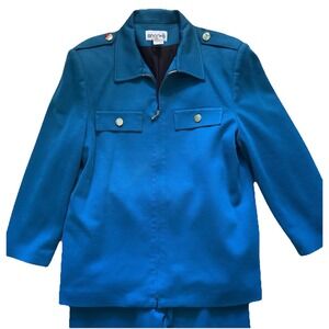 Vintage Turquoise Wool Blend Pantsuit 80s Gold Button Set Size 14 Ancora